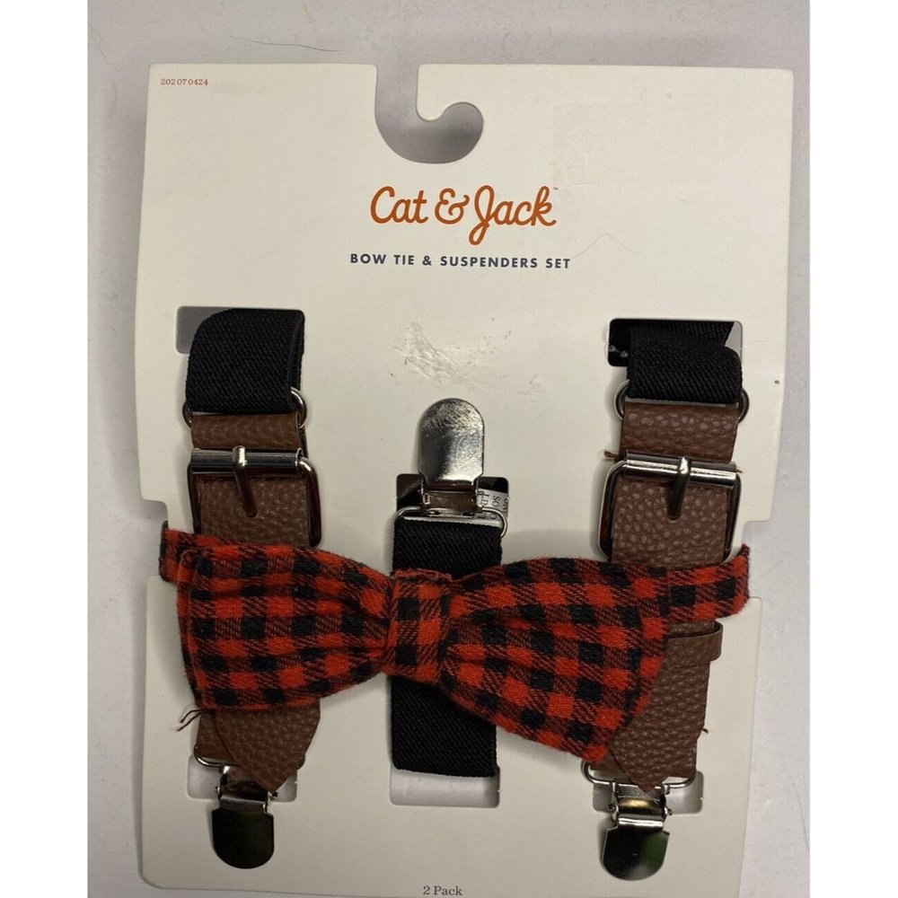 Cat & Jack Boys’ Bow Tie and Suspenders Set Black Red Buffalo Plaid Brown